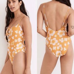 NWT Madewell Second Wave Tie Front One Piece Swimsuit Medium Orange Floral S